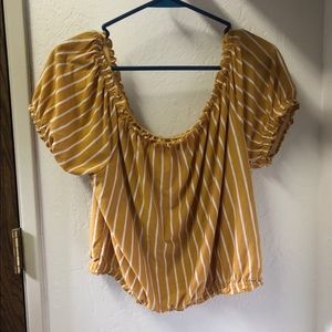 off the shoulder white and yellow striped shirt